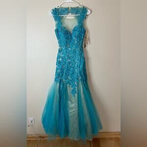 Morrell Maxie blue floral lace embroidered mesh sequins tulle dress NEW 0